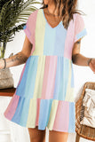 LC6113934-22-S, LC6113934-22-M, LC6113934-22-L, LC6113934-22-XL, Multicolor V Neck Short Sleeve Mini Dress Striped Color Block Tiered A-Line Swing Short Dresses
