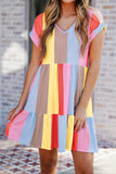 LC6113934-3-S, LC6113934-3-M, LC6113934-3-L, LC6113934-3-XL, V Neck Short Sleeve Mini Dress Striped Color Block Tiered A-Line Swing Short Dresses