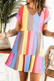 LC6113934-3-S, LC6113934-3-M, LC6113934-3-L, LC6113934-3-XL, V Neck Short Sleeve Mini Dress Striped Color Block Tiered A-Line Swing Short Dresses