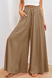 LC7711508-16-S, LC7711508-16-M, LC7711508-16-L, LC7711508-16-XL, Khaki Drawstring Smocked High Waist Wide Leg Pants