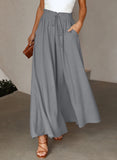 LC7711508-11-S, LC7711508-11-M, LC7711508-11-L, LC7711508-11-XL, Gray Drawstring Smocked High Waist Wide Leg Pants