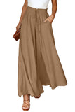 LC7711508-16-S, LC7711508-16-M, LC7711508-16-L, LC7711508-16-XL, Khaki Drawstring Smocked High Waist Wide Leg Pants