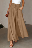 LC7711508-16-S, LC7711508-16-M, LC7711508-16-L, LC7711508-16-XL, Khaki Drawstring Smocked High Waist Wide Leg Pants