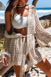 LC2541365-18, Apricot Knit Crochet Open Front Beach Cover Up with Tie