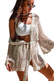 LC2541365-18, Apricot Knit Crochet Open Front Beach Cover Up with Tie