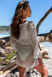 LC2541365-18, Apricot Knit Crochet Open Front Beach Cover Up with Tie