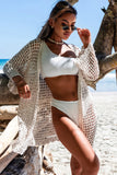LC2541365-18, Apricot Knit Crochet Open Front Beach Cover Up with Tie