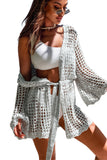 LC2541365-4, Sky Blue Knit Crochet Open Front Beach Cover Up with Tie