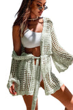 LC2541365-9, Green Knit Crochet Open Front Beach Cover Up with Tie