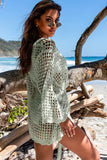 LC2541365-9, Green Knit Crochet Open Front Beach Cover Up with Tie