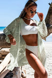 LC2541365-9, Green Knit Crochet Open Front Beach Cover Up with Tie