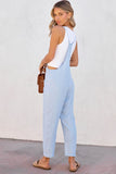 LC784692-4-S, LC784692-4-M, LC784692-4-L, LC784692-4-XL, Sky Blue Chambray Pocketed Adjustable Straps Jumpsuit