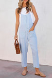 LC784692-4-S, LC784692-4-M, LC784692-4-L, LC784692-4-XL, Sky Blue Chambray Pocketed Adjustable Straps Jumpsuit