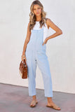 LC784692-4-S, LC784692-4-M, LC784692-4-L, LC784692-4-XL, Sky Blue Chambray Pocketed Adjustable Straps Jumpsuit