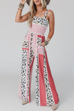 Women's Leopard Color Block Smocked Waist Jumpsuit with Pockets