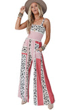 LC6411870-3-S, LC6411870-3-M, LC6411870-3-L, LC6411870-3-XL, Red Leopard Color Block Mix Print Pocketed Jumpsuit