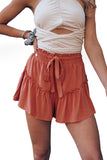 LC731302-3-S, LC731302-3-M, LC731302-3-L, LC731302-3-XL, Red Solid Belted Frill Trim Casual Shorts