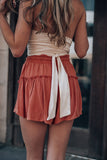 LC731302-3-S, LC731302-3-M, LC731302-3-L, LC731302-3-XL, Red Solid Belted Frill Trim Casual Shorts
