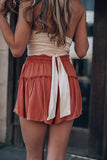 LC731302-3-S, LC731302-3-M, LC731302-3-L, LC731302-3-XL, Red Solid Belted Frill Trim Casual Shorts