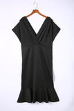 PL61521-2-1X, PL61521-2-2X, PL61521-2-3X, Black Plus Size Pleated V Neck Ruffle Hem Bodycon Dress