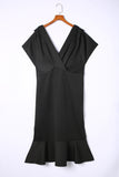 PL61521-2-1X, PL61521-2-2X, PL61521-2-3X, Black Plus Size Pleated V Neck Ruffle Hem Bodycon Dress
