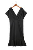 PL61521-2-1X, PL61521-2-2X, PL61521-2-3X, Black Plus Size Pleated V Neck Ruffle Hem Bodycon Dress