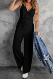 LC643831-2-S, LC643831-2-M, LC643831-2-L, LC643831-2-XL, LC643831-2-XS, Black Solid Spaghetti Strap Wide Leg Drawstring High Waist Jumpsuit