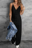 LC643831-2-S, LC643831-2-M, LC643831-2-L, LC643831-2-XL, LC643831-2-XS, Black Solid Spaghetti Strap Wide Leg Drawstring High Waist Jumpsuit