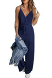 LC643831-5-S, LC643831-5-M, LC643831-5-L, LC643831-5-XL, LC643831-5-XS, Blue Solid Spaghetti Strap Wide Leg Drawstring High Waist Jumpsuit