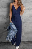 LC643831-5-S, LC643831-5-M, LC643831-5-L, LC643831-5-XL, LC643831-5-XS, Blue Solid Spaghetti Strap Wide Leg Drawstring High Waist Jumpsuit