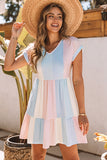 LC6113934-22-S, LC6113934-22-M, LC6113934-22-L, LC6113934-22-XL, Multicolor V Neck Short Sleeve Mini Dress Striped Color Block Tiered A-Line Swing Short Dresses