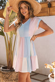 LC6113934-22-S, LC6113934-22-M, LC6113934-22-L, LC6113934-22-XL, Multicolor V Neck Short Sleeve Mini Dress Striped Color Block Tiered A-Line Swing Short Dresses