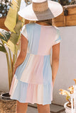 LC6113934-22-S, LC6113934-22-M, LC6113934-22-L, LC6113934-22-XL, Multicolor V Neck Short Sleeve Mini Dress Striped Color Block Tiered A-Line Swing Short Dresses