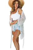 LC2541365-18, Apricot Knit Crochet Open Front Beach Cover Up with Tie