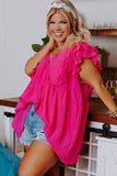 PL251866-10-1X, PL251866-10-2X, PL251866-10-3X, Pink Plus Size Ruffle V Neck Tie Back Tunic Top