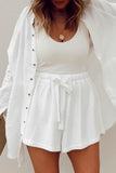 LC731314-1-S, LC731314-1-M, LC731314-1-L, LC731314-1-XL, White Waffle Knit Lace-up High Waist Wide Leg Casual Shorts