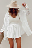 LC731314-1-S, LC731314-1-M, LC731314-1-L, LC731314-1-XL, White Waffle Knit Lace-up High Waist Wide Leg Casual Shorts