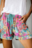 LC731364-22-S, LC731364-22-M, LC731364-22-L, LC731364-22-XL, LC731364-22-2XL, Multicolor Floral Print Elastic Waist Shorts
