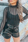 LC6421446-2-S, LC6421446-2-M, LC6421446-2-L, LC6421446-2-XL, Black Star Mesh Mock Neck Long Sleeve Bodysuit