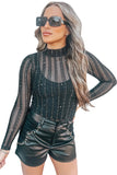 LC6421446-2-S, LC6421446-2-M, LC6421446-2-L, LC6421446-2-XL, Black Star Mesh Mock Neck Long Sleeve Bodysuit