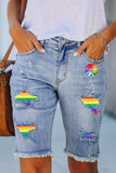 LC7831376-4-4, LC7831376-4-6, LC7831376-4-8, LC7831376-4-10, LC7831376-4-18, LC7831376-4-16, LC7831376-4-14, LC7831376-4-12, Sky Blue Women Summer Pride Rainbow Striped Ripped Bermuda Shorts Distressed Denim Jeans