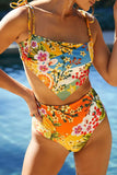 LC433933-22-S, LC433933-22-M, LC433933-22-L, LC433933-22-XL, LC433933-22-2XL, Multicolor Floral Print Overlap Bikini High Waist Swimsuit