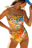 LC433933-22-S, LC433933-22-M, LC433933-22-L, LC433933-22-XL, LC433933-22-2XL, Multicolor Floral Print Overlap Bikini High Waist Swimsuit