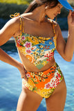 LC433933-22-S, LC433933-22-M, LC433933-22-L, LC433933-22-XL, LC433933-22-2XL, Multicolor Floral Print Overlap Bikini High Waist Swimsuit