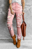 Women Pink Floral Print Destroyed Jeans Retro Patch Distressed Casual Denim Pants