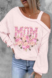 Women Pink Mom Flower Print One Shoulder Long Puff Sleeve Top