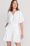 LC6115924-1-S, LC6115924-1-M, LC6115924-1-L, LC6115924-1-XL, White Puff Sleeve Drawstring Shirt Dress with Pockets