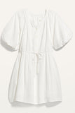 LC6115924-1-S, LC6115924-1-M, LC6115924-1-L, LC6115924-1-XL, White Puff Sleeve Drawstring Shirt Dress with Pockets