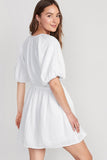 LC6115924-1-S, LC6115924-1-M, LC6115924-1-L, LC6115924-1-XL, White Puff Sleeve Drawstring Shirt Dress with Pockets