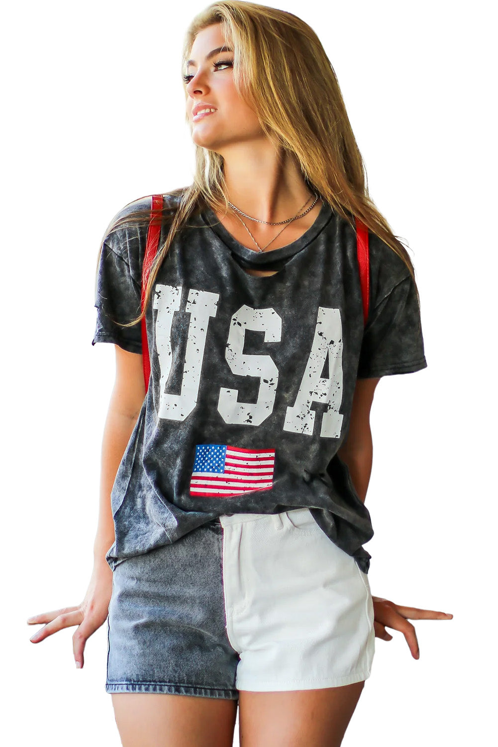 LC25220177-2-S, LC25220177-2-M, LC25220177-2-L, LC25220177-2-XL, Black Distressed Tie-dye USA Flag Print T-shirt